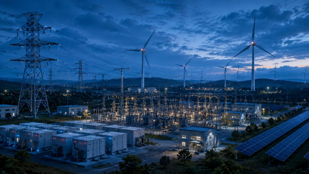Smart Grid infrastructure featuring substations, renewable energy systems, battery storage units, transmission networks, and utility monitoring equipment