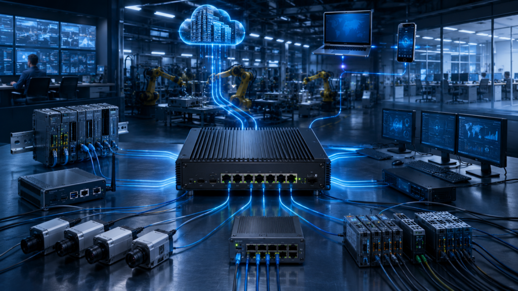 Soft router appliance solution architecture connecting WAN, LAN, cloud, VPN users, and industrial devices