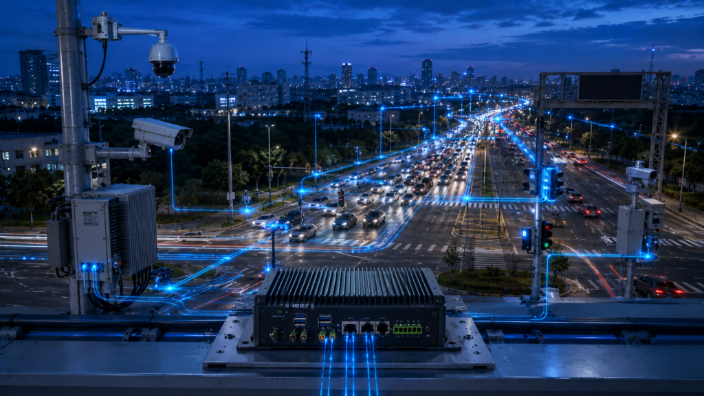Industrial computer connected to traffic cameras, roadside sensors, and intelligent transportation infrastructure