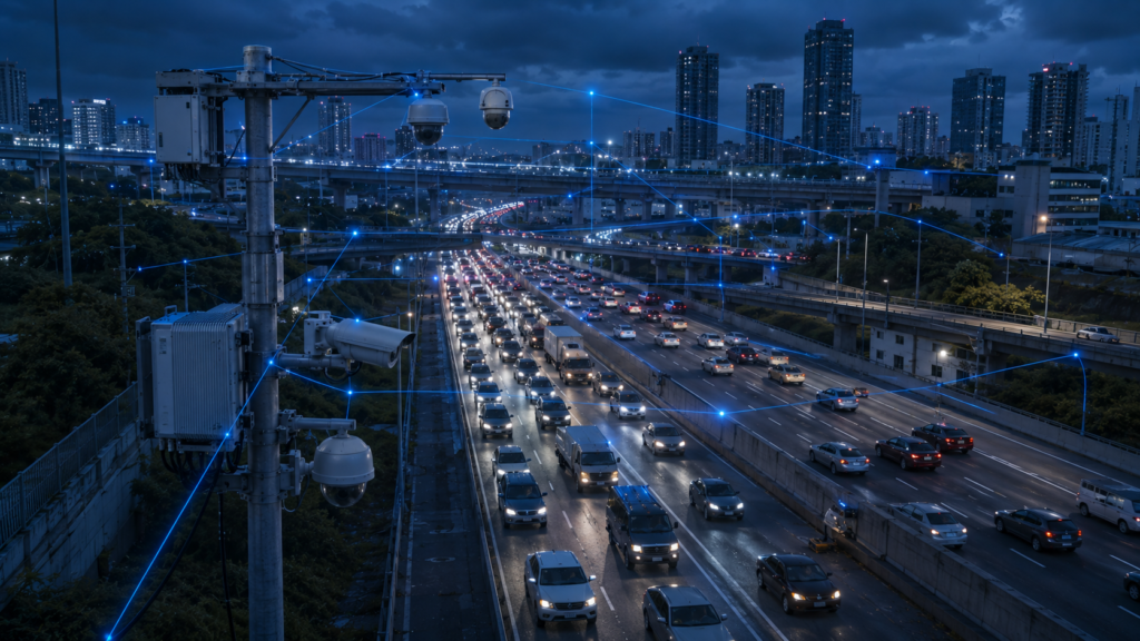Traffic monitoring environment with roadside cameras, heavy traffic flow, and intelligent transportation infrastructure