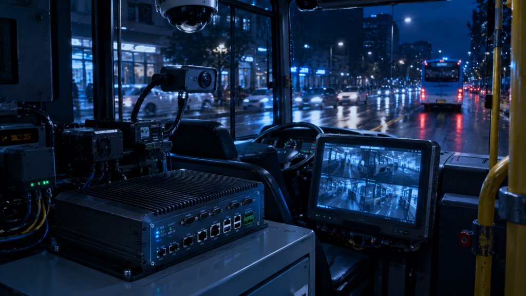 Vehicle-mounted industrial computer performing real-time vehicle monitoring AI-powered transportation analytics and edge computing inside a modern transit vehicle