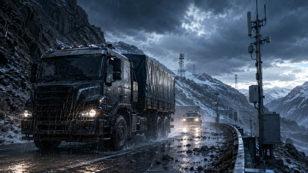 Heavy-duty transportation vehicle operating in extreme weather conditions with roadside communication infrastructure and rugged transportation environment