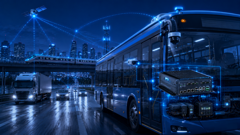 Vehicle-mounted industrial computer integrated with GPS modules cameras sensors CAN Bus systems wireless communications and fleet management infrastructure