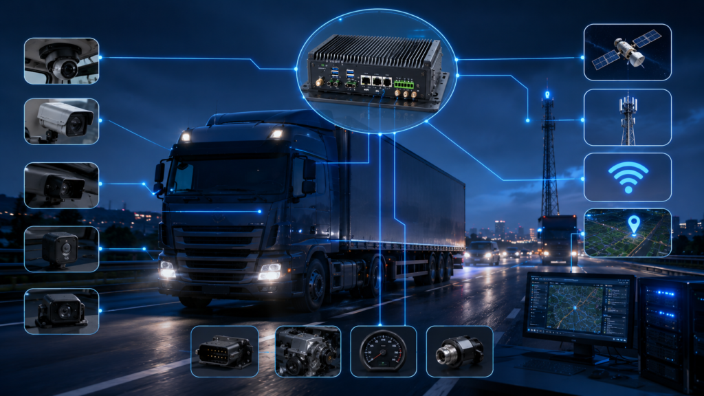 Vehicle mounted industrial computer connected to cameras, GPS modules, sensors, and wireless communication systems