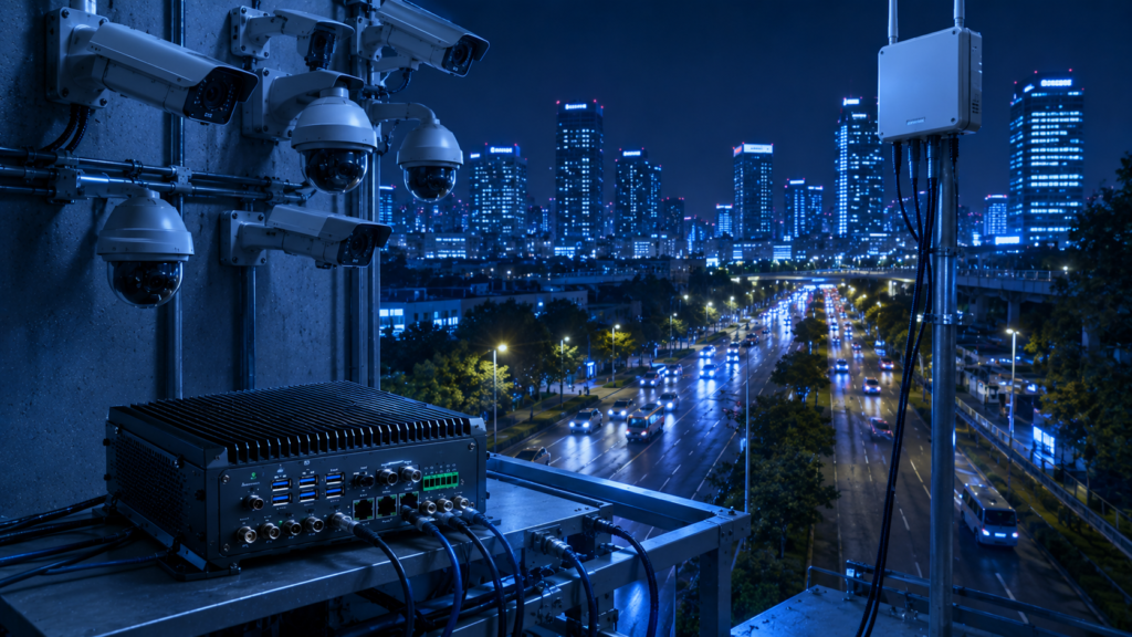 Industrial computer connected to IP cameras, edge AI systems, and intelligent video analytics infrastructure
