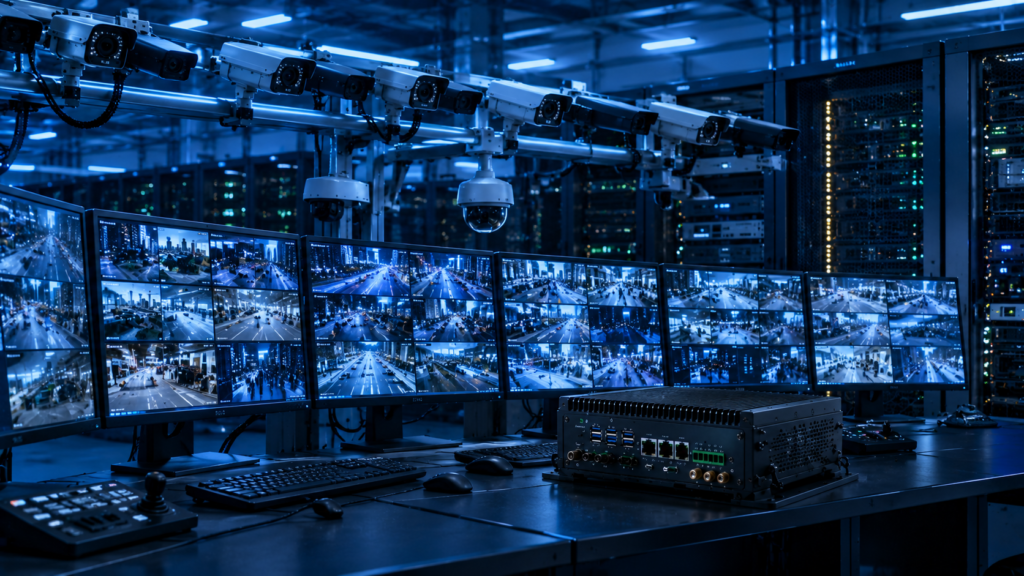 Industrial computer processing multiple high-resolution camera streams for real-time video analytics and AI inference