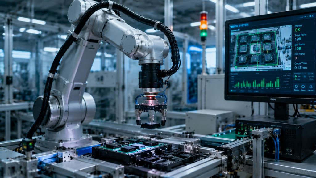 Industrial robotic arm performing machine vision guided pick-and-place operation in smart factory automation environment