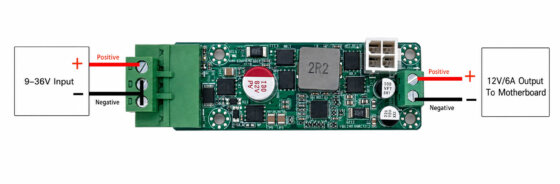 Top view of the P36-12V wide-voltage power module with Phoenix terminals and an onboard ATX power output connector
