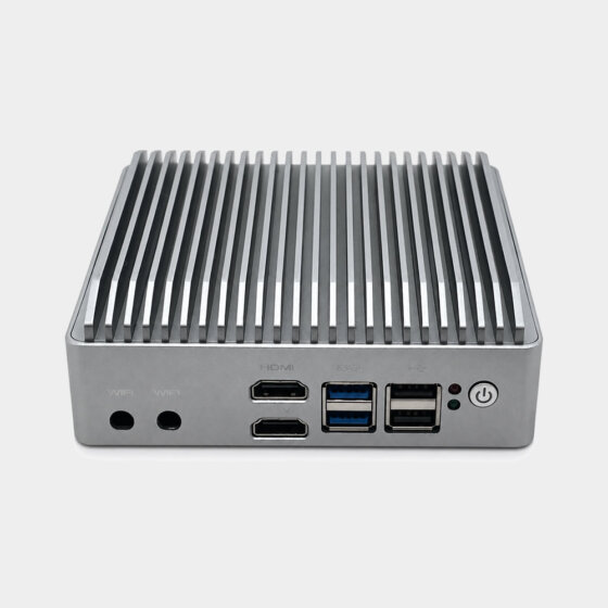 CoreIPC EHL-J6412 fanless industrial box PC front interface with dual HDMI, USB-Anschlüsse, WiFi antenna holes and power button