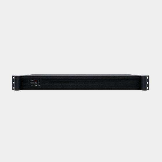 منظر أمامي للكمبيوتر الصناعي CoreIPC-RK100 يُظهر تصميم هيكل 1U, هيكل اللوحة الأمامية, آذان الرف, وضوابط أمامية مرئية