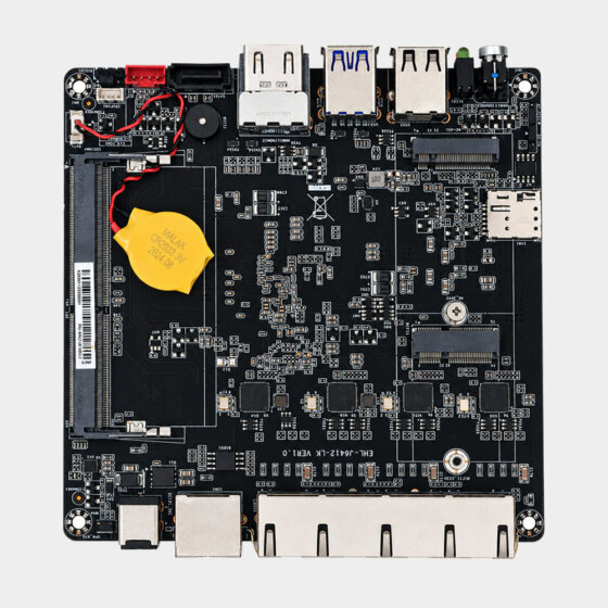 EHL-J6412-LK VER1.0 industrial motherboard top view with USB, LAN, display, memory, and expansion interface layout