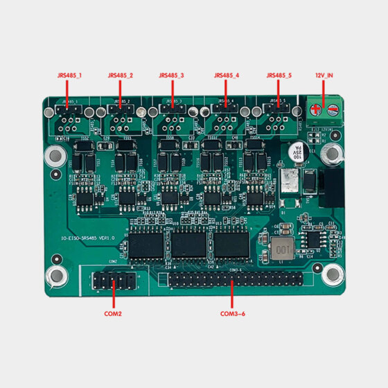 IO-EISO-5RS485 connector layout showing JRS485_1 through JRS485_5, 12V_IN, COM2 and COM3–COM6