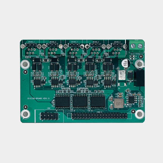 IO-EISO-5RS485 RS485 expansion module top view showing five JRS485 headers, 12V_IN terminal, COM2 and COM3–COM6 headers