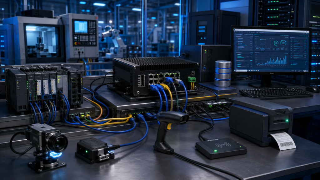 Industrial computer connecting PLCs scanners vision systems and MES server